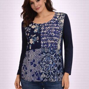 Anthropologie ONE SEPTEMBER Blue Milieu Bird Print Patchwork Top - Size Small